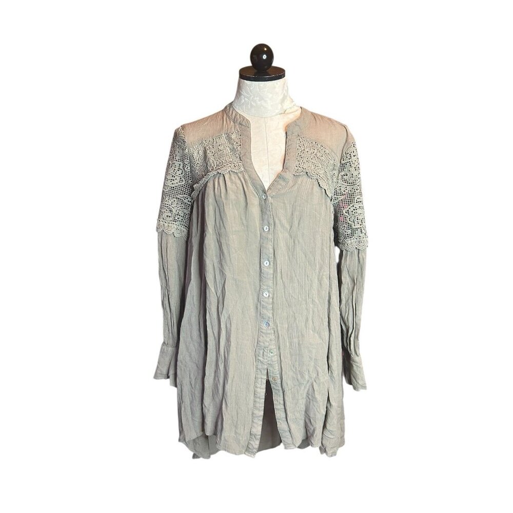 Easel Olive Green Button Down Gauzy Long Tunic Lace Embroidered Sz M